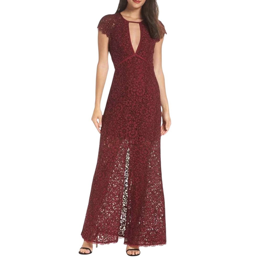 Harlyn Anthropologie Pomegranate Keyhole Maxi Lace Dress Burgundy S Cap Sleeve